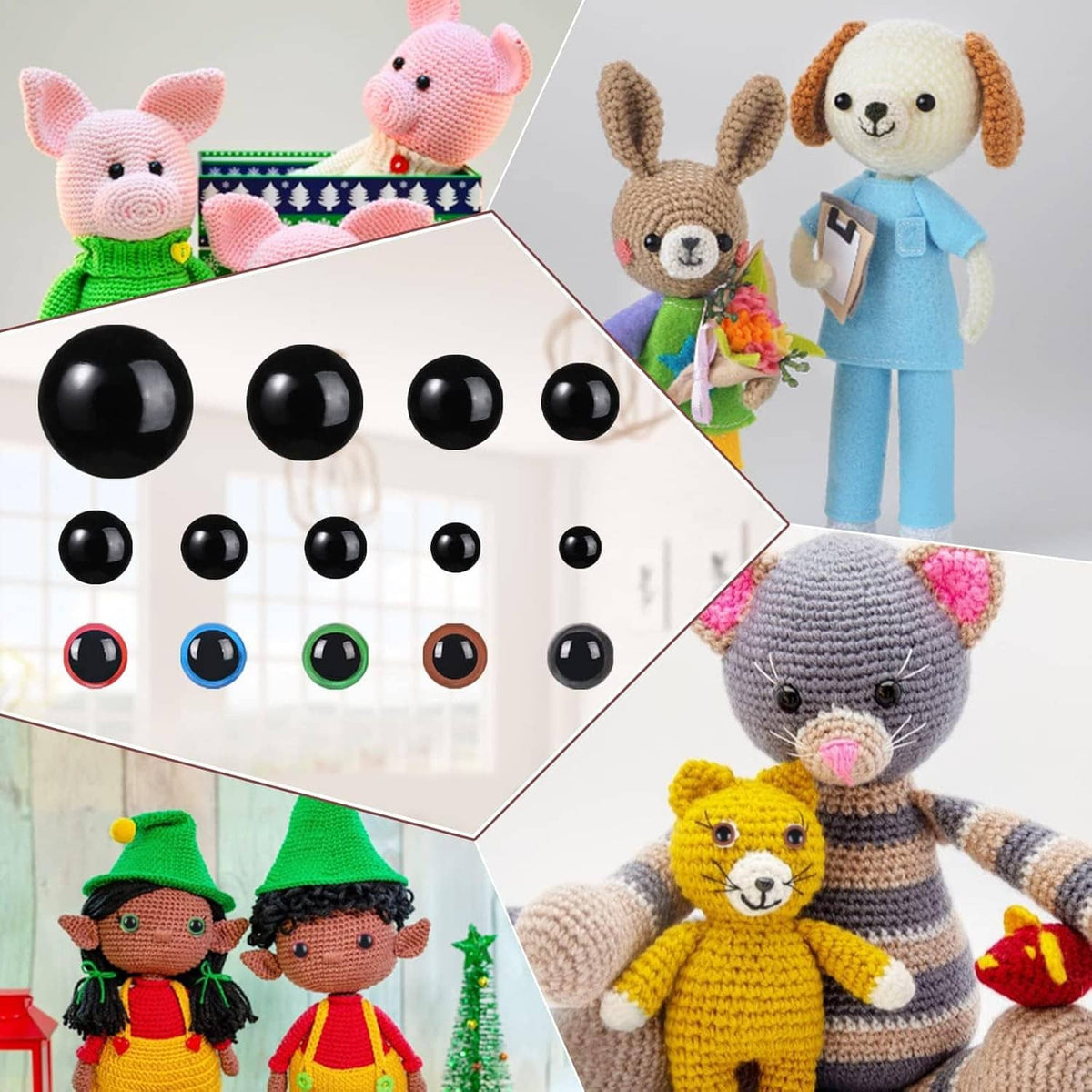 Crochet safety eyes shown on stuffed animals: pink pig, dog, and teddy with inserted eyes