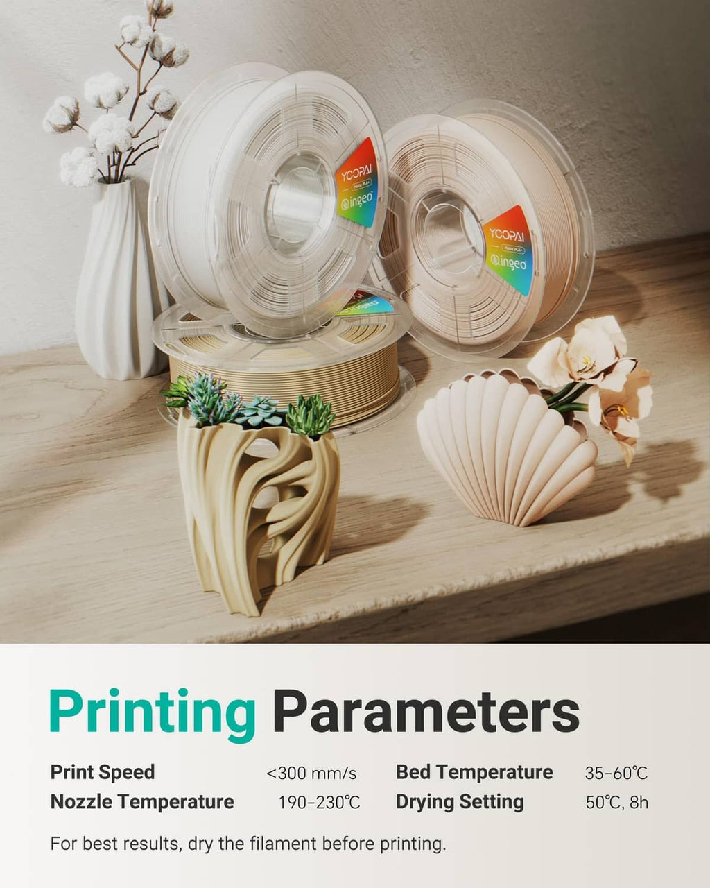 Two white 1.75mm PLA filament spools with neatly coiled filament and prints