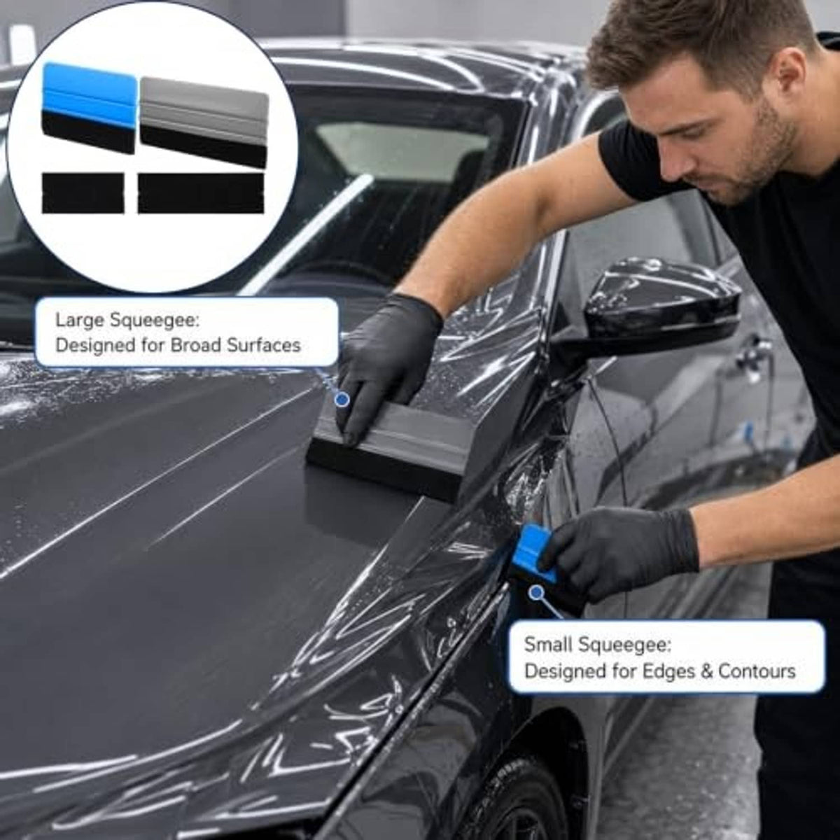 Large and small felt squeegee tools pressing clear film on a car
