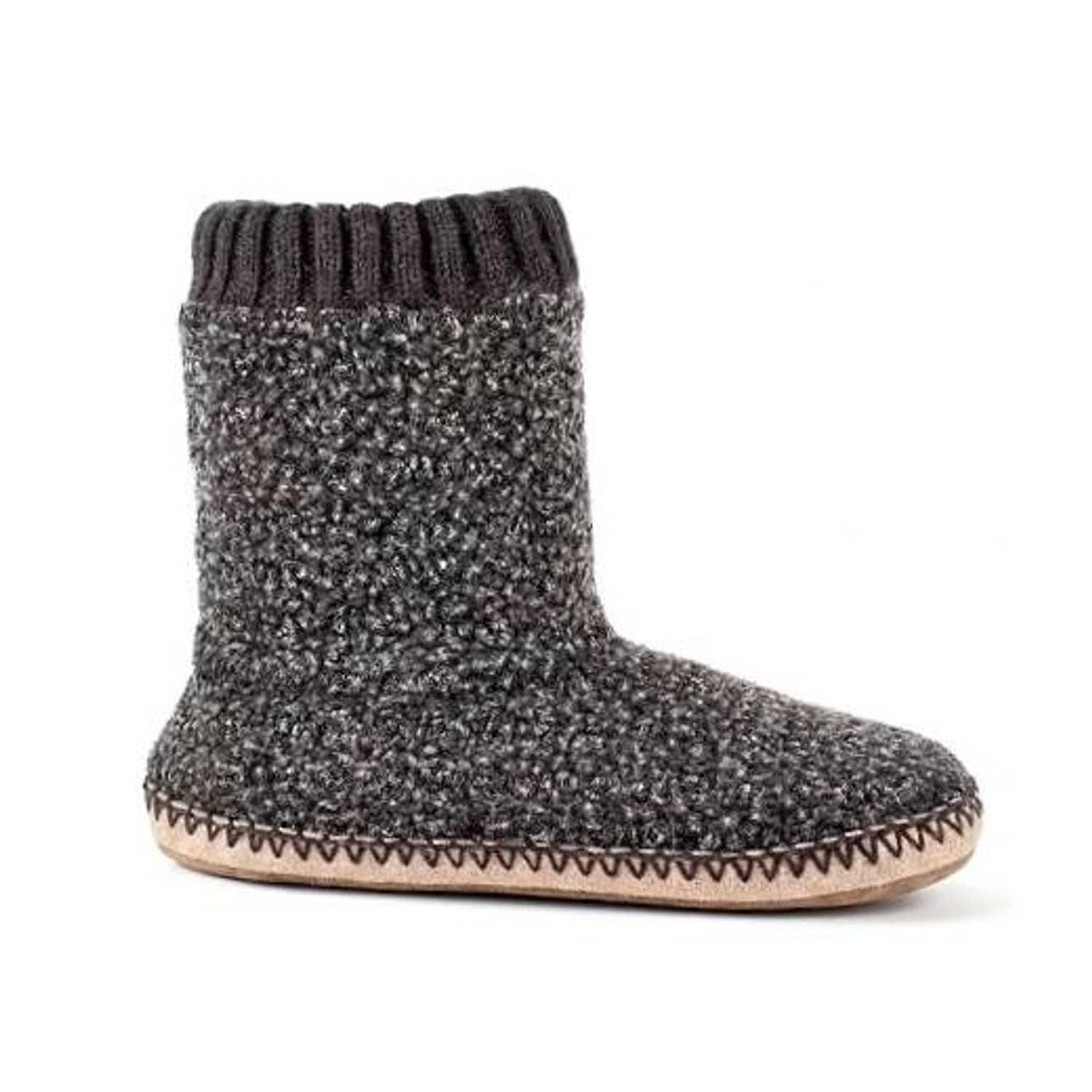 Grey fuzzy boot slippers with ribbed cuff and stitched moccasin sole