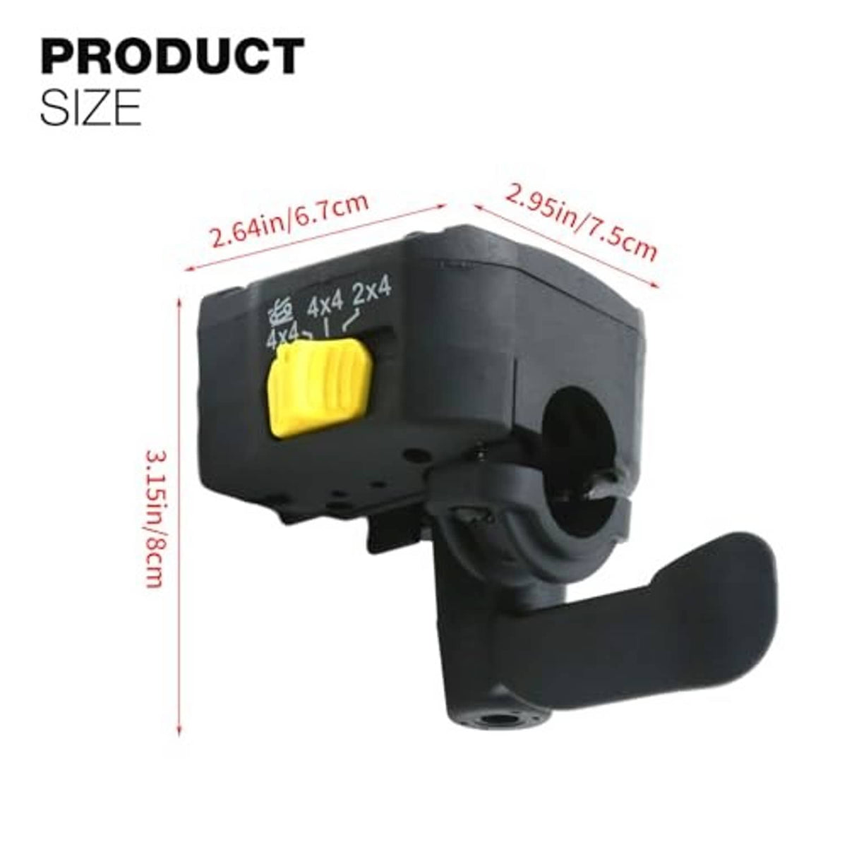 Black thumb throttle control lever assembly with yellow switch and curved lever