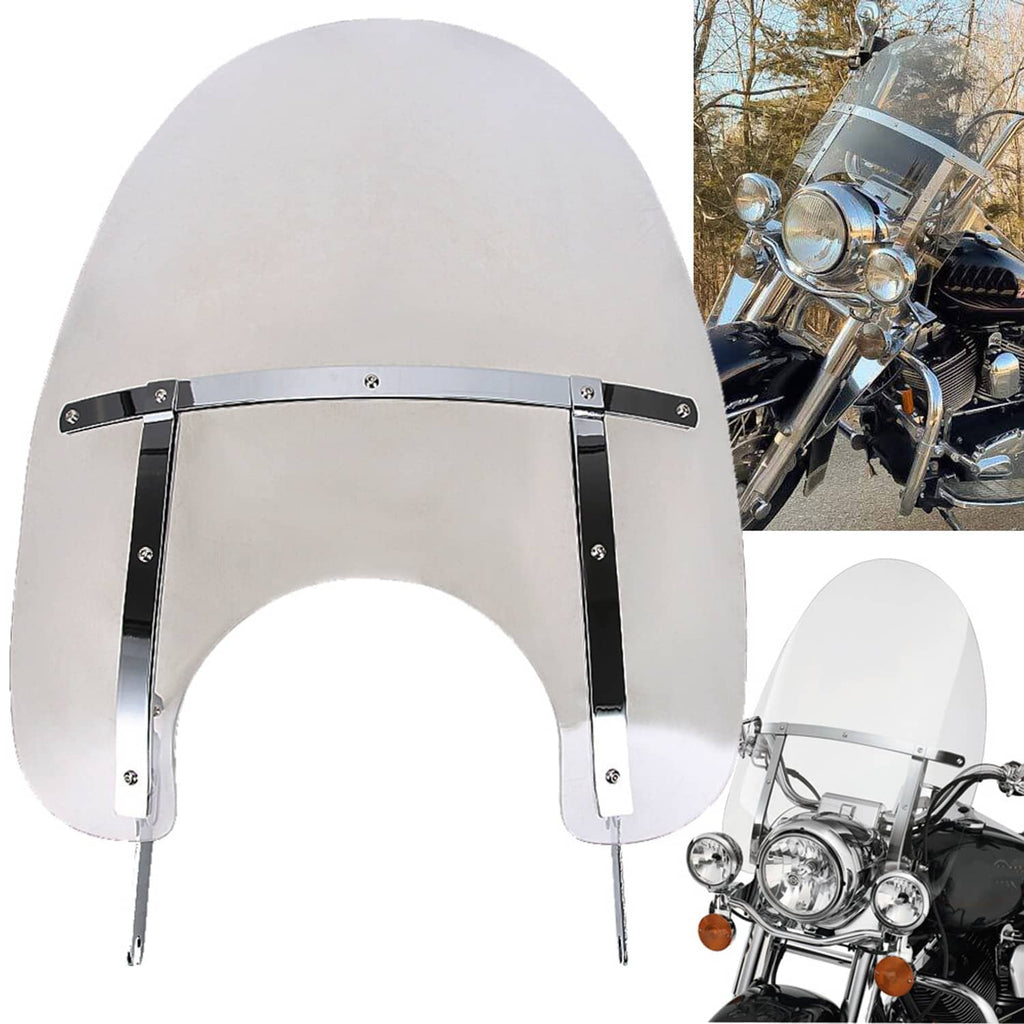 Clear windshield panel with chrome bracket and mounting posts