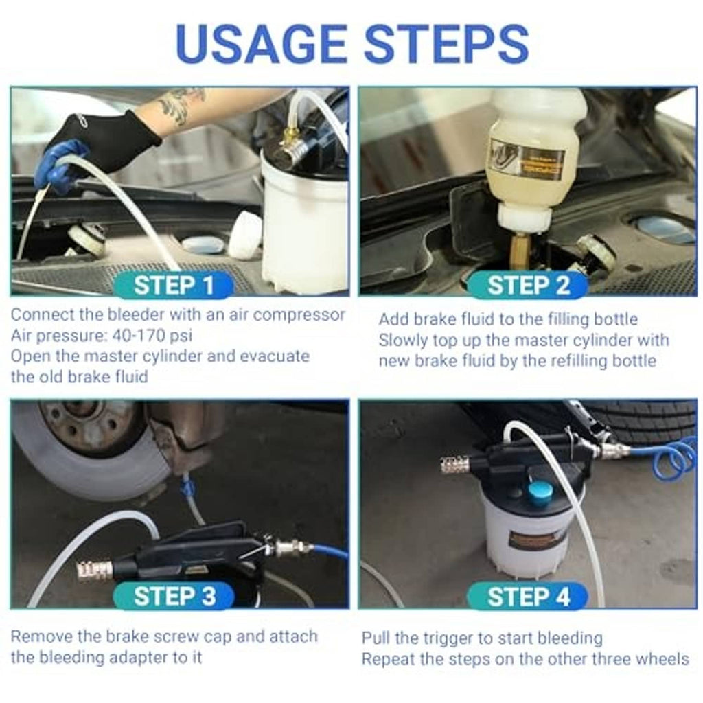 Vacuum brake bleeder kit in use steps showing connections to compressor and brake bleeder