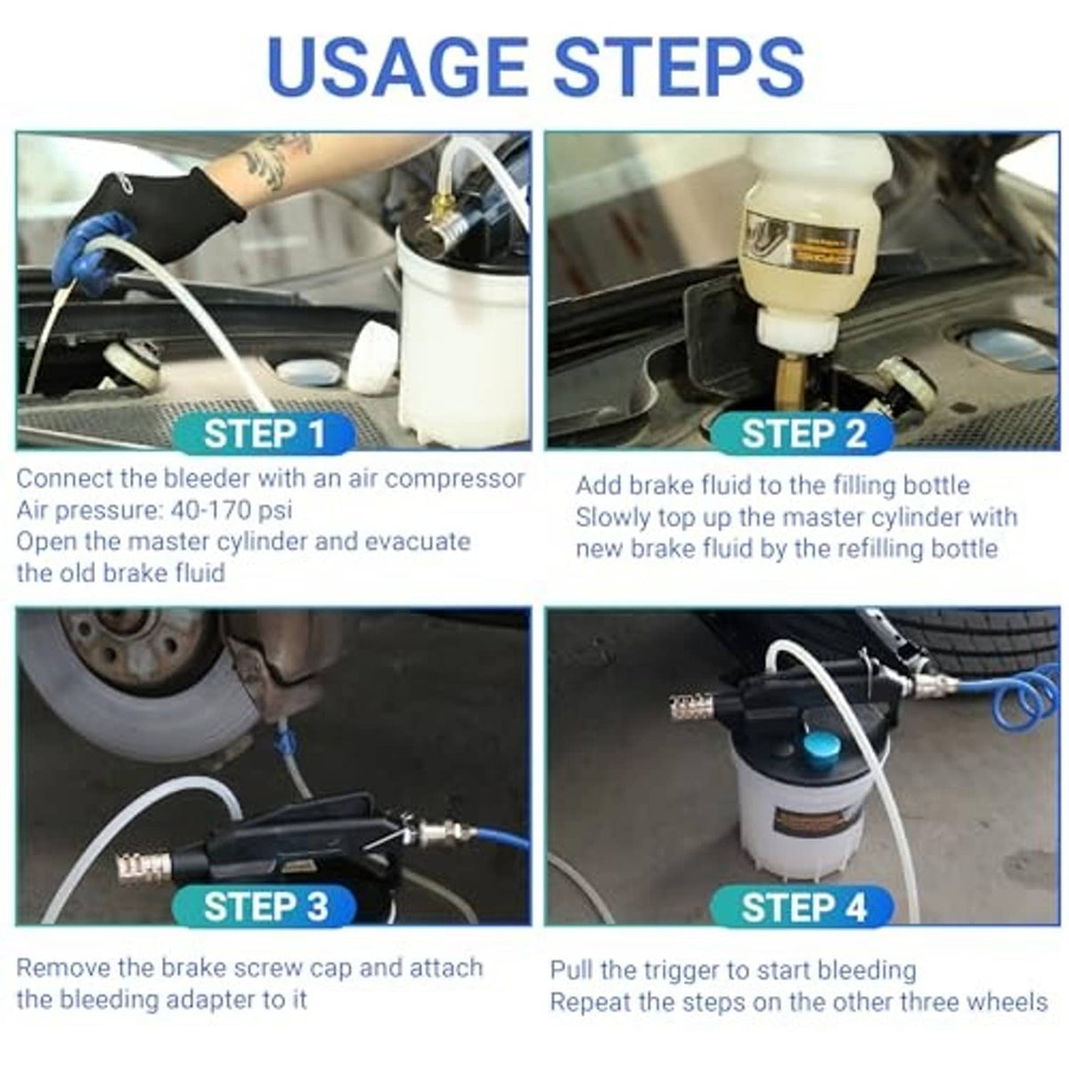 Vacuum brake bleeder kit in use steps showing connections to compressor and brake bleeder