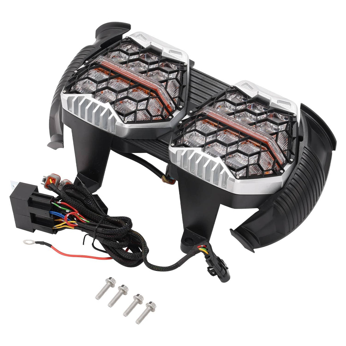 Dual LED headlight pair with wiring harness and mounting screws, black and silver