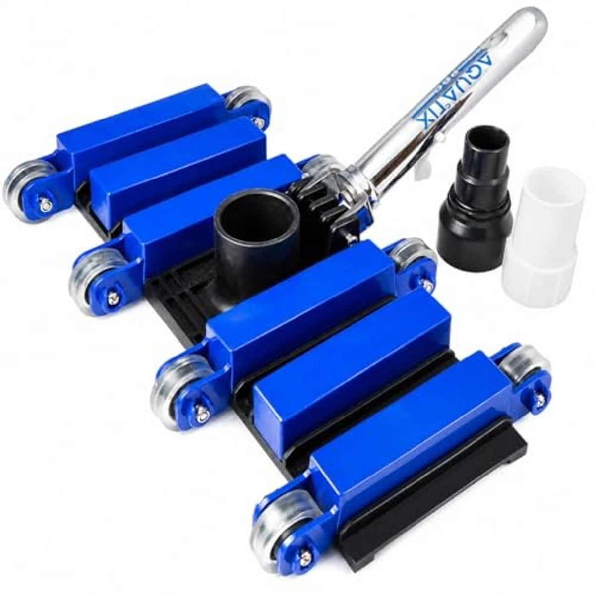 Blue pool vacuum head with wheels and hose adapter, cylindrical port and brush roller assembly.