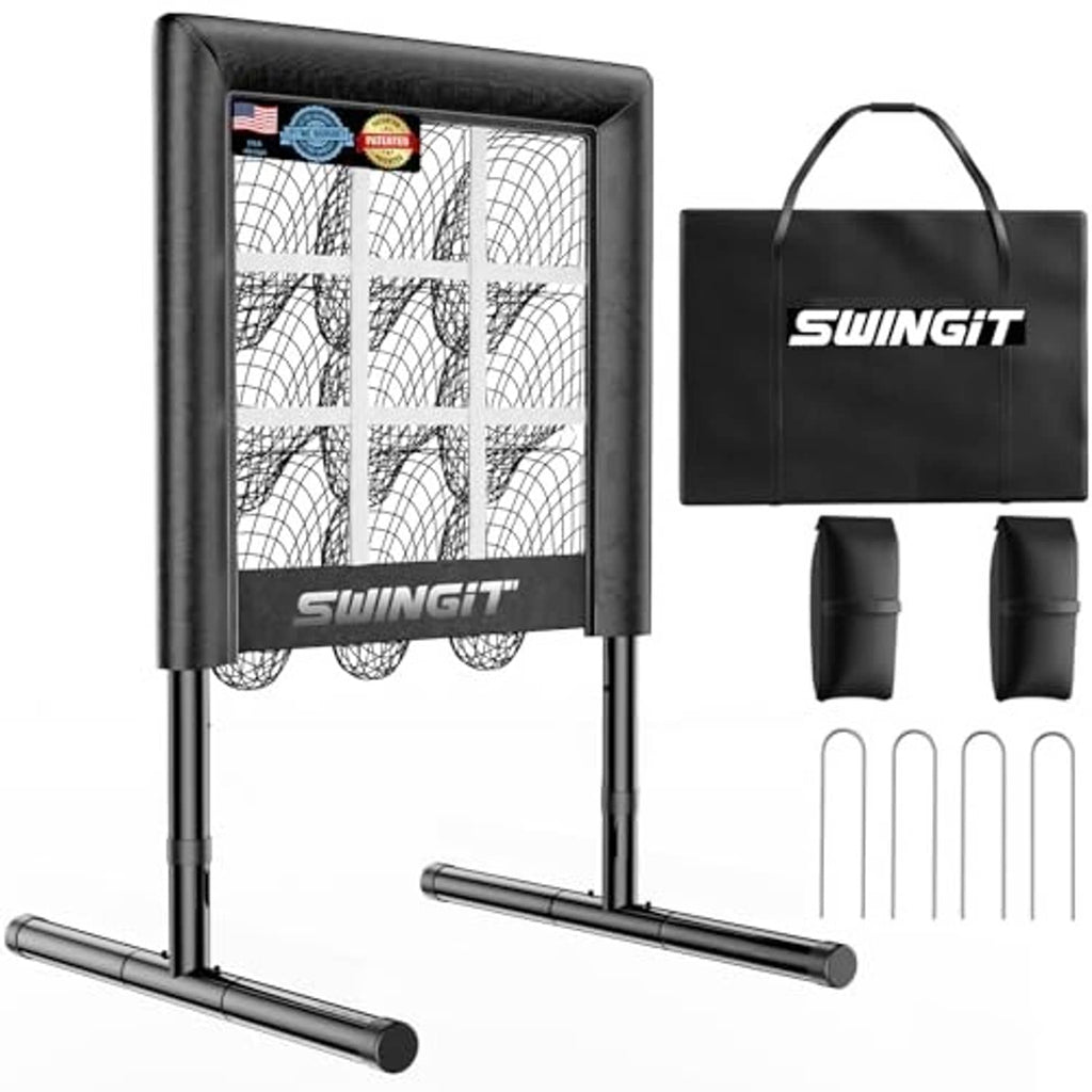 Black strike-zone pitching net with standing frame, base pads, and included support pieces.