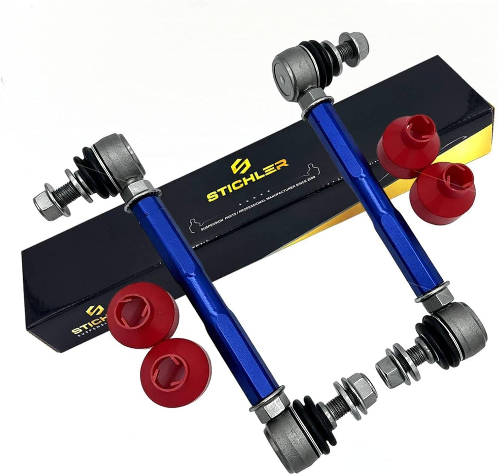 Front universal adjustable sway bar with blue aluminum bar, red end caps, mounting bolts