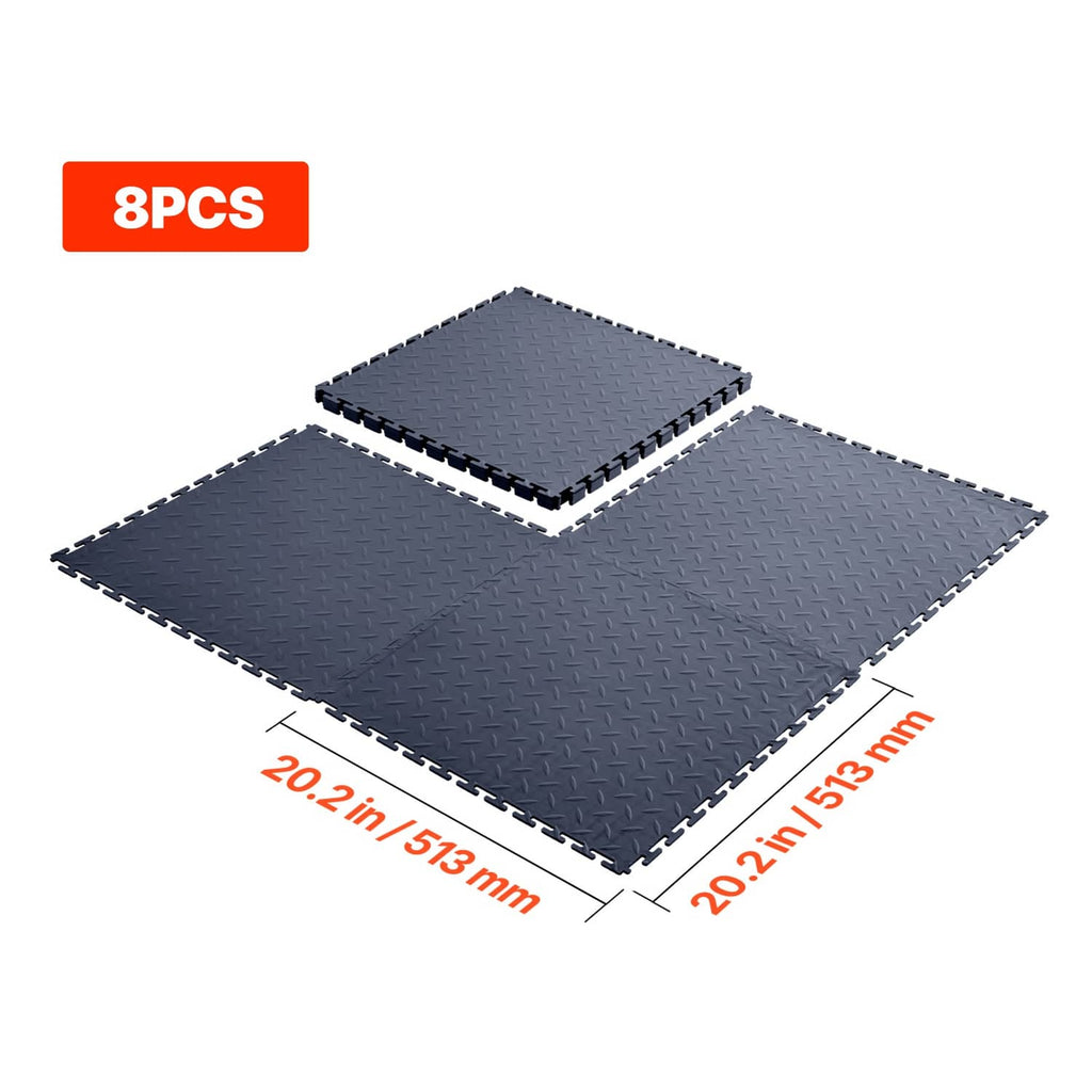 Gray interlocking PVC floor tile set with 3 interlocked squares and corner cutouts