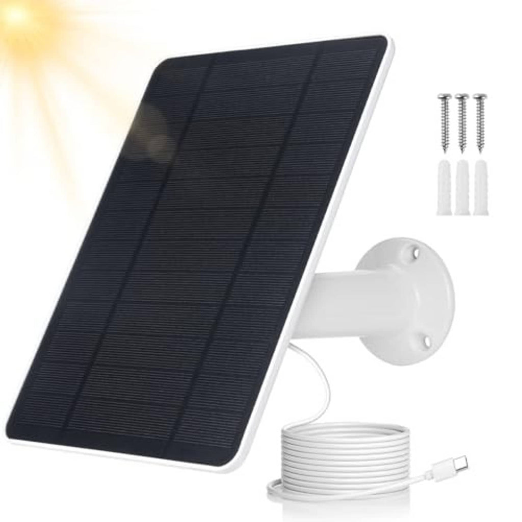 Black solar panel with white bracket, coiled charging cable, and included mounting screws