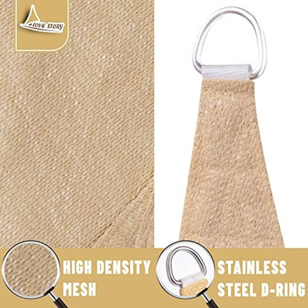 Tan shade sail fabric closeup with textured mesh and stainless steel D-rings