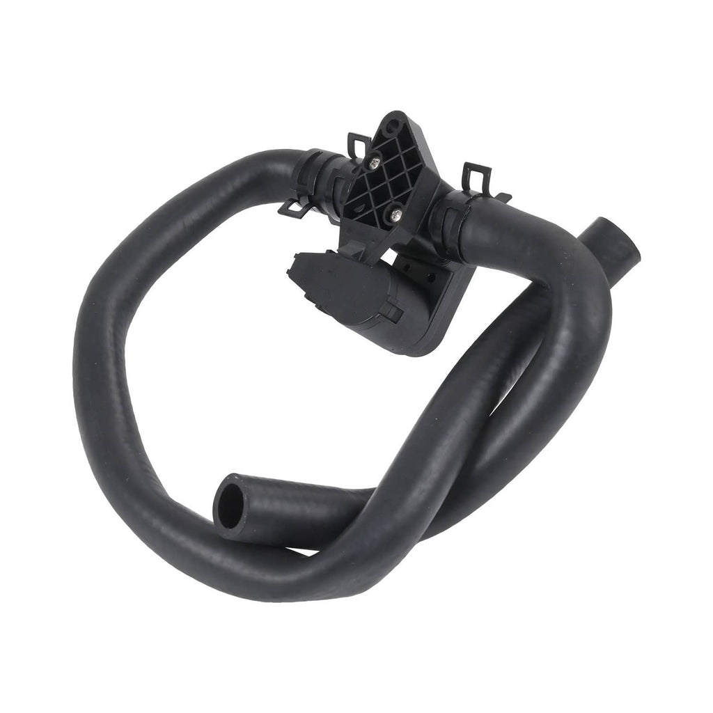 Black HVAC heater inlet hose with control valve and mounting base, angled view