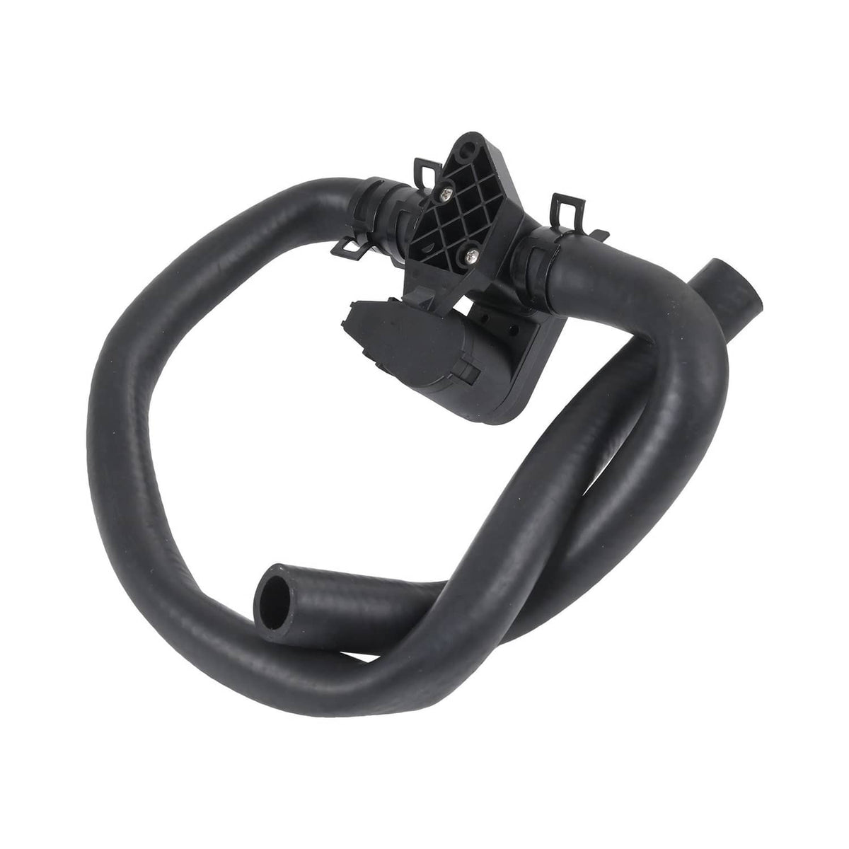 Black HVAC heater inlet hose with control valve and mounting base, angled view