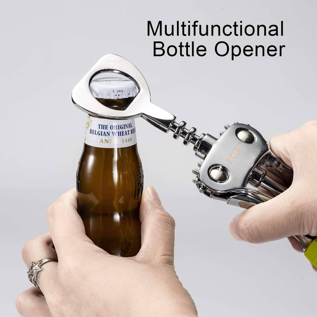 Multifunctional bottle opener corkscrew with chrome lever and hands pulling cork