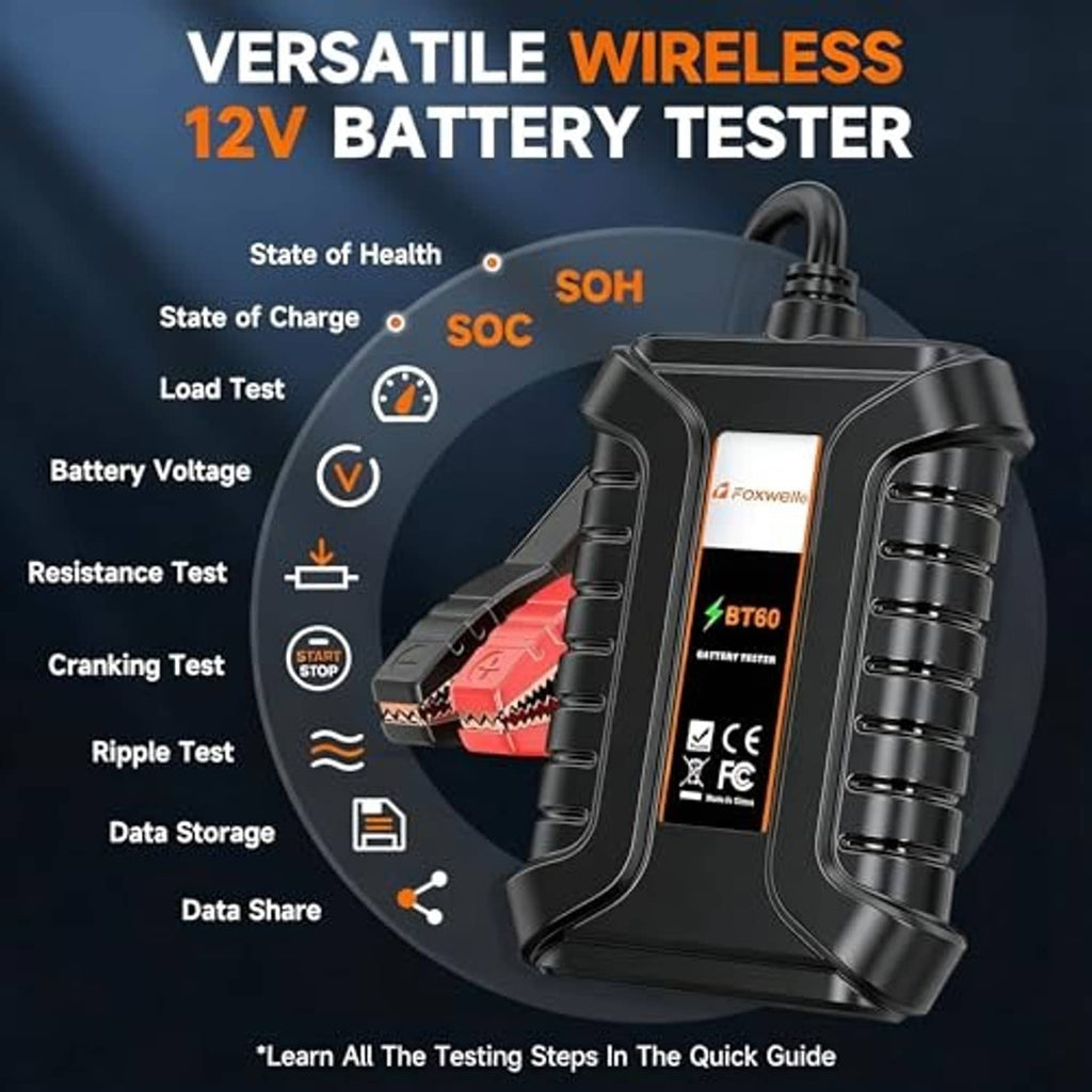 Wireless 12V battery tester device with clamp leads, black handheld housing