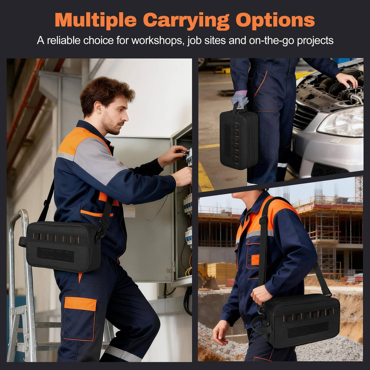 Black tool bag carried on shoulder with front organizer strip and zip pouch