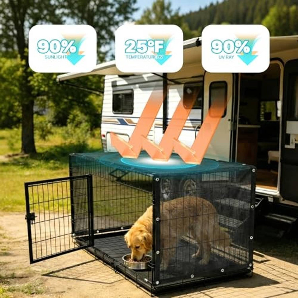 Black UV shade cover over kennel crate with dog inside near a camper