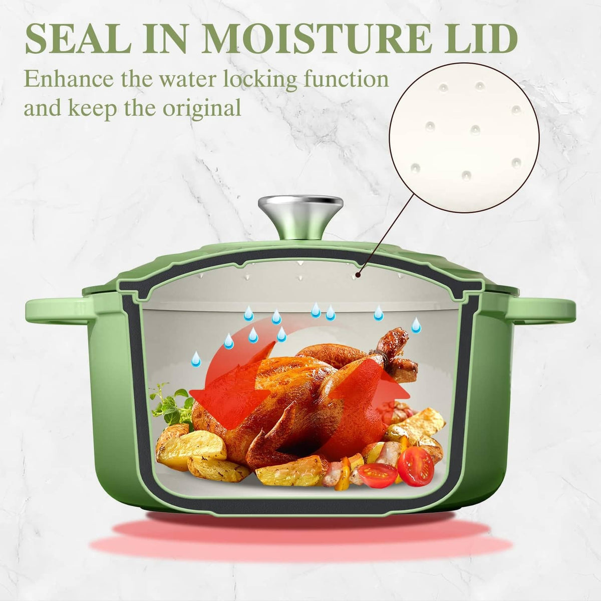 Sage green enameled cast iron Dutch oven with lid, showing moisture-locking design