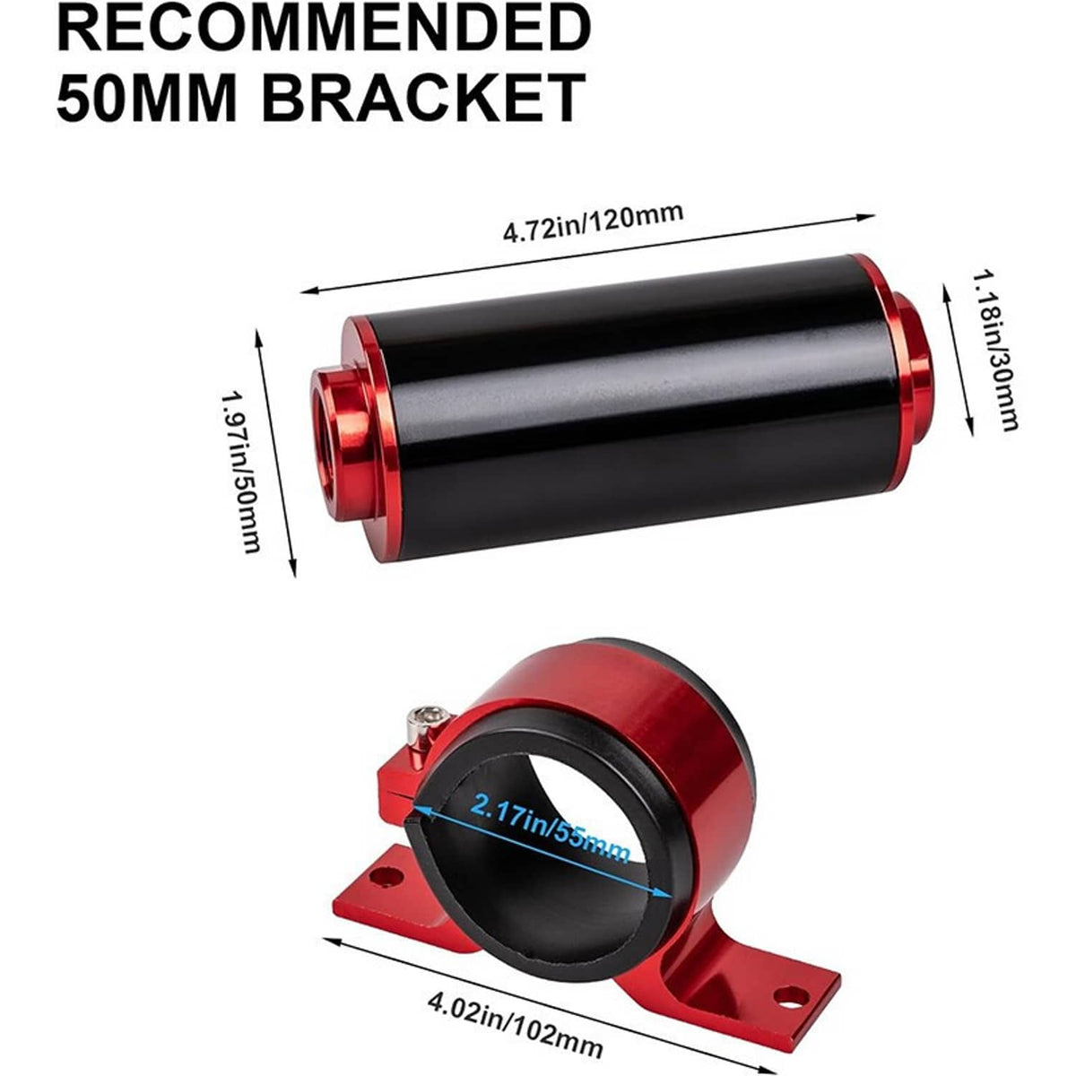 Inline fuel filter canister with red end caps and mounting bracket, with dimensions shown