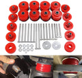 Red body mount bushing kit with polyurethane bushings, steel bolts, washers, and plates
