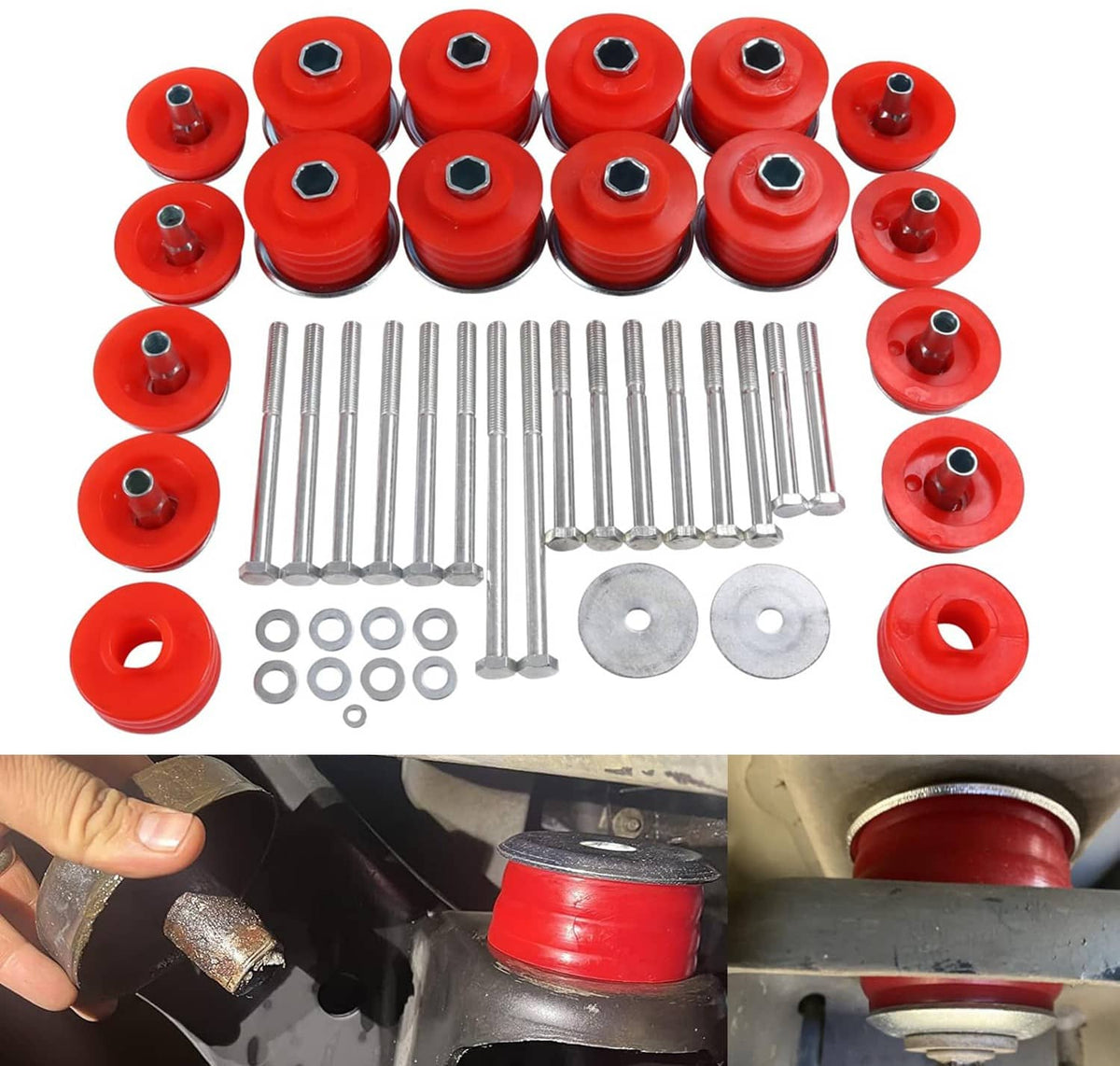 Red body mount bushing kit with polyurethane bushings, steel bolts, washers, and plates