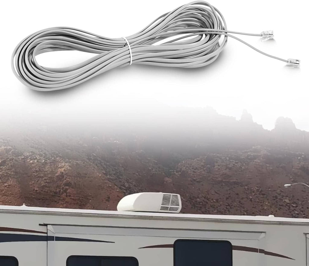 RV air conditioner communication cable with gray coil and two RJ-11 plug ends