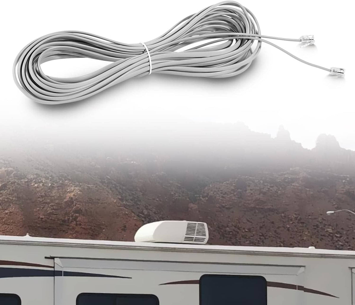 RV air conditioner communication cable with gray coil and two RJ-11 plug ends