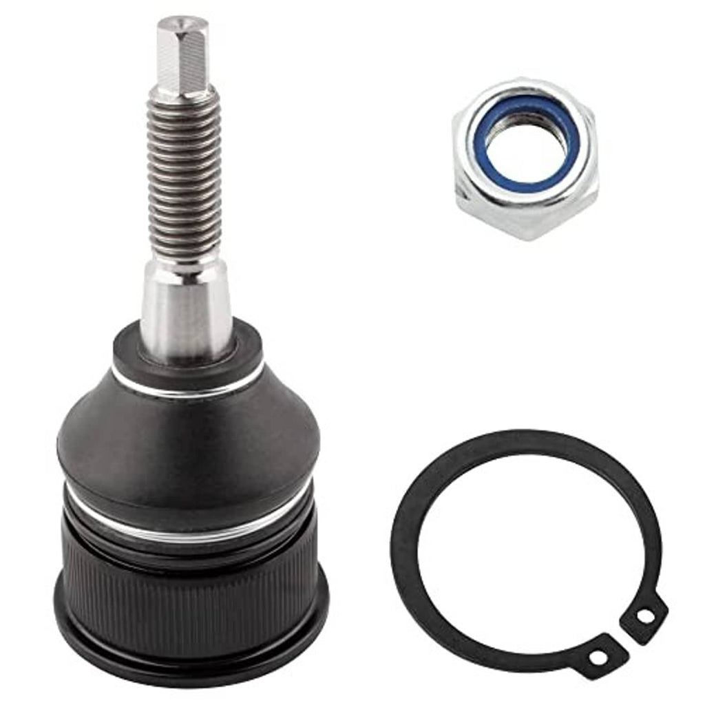 Front upper ball joint with black rubber boot, chrome stud, blue-accent nut and retaining ring