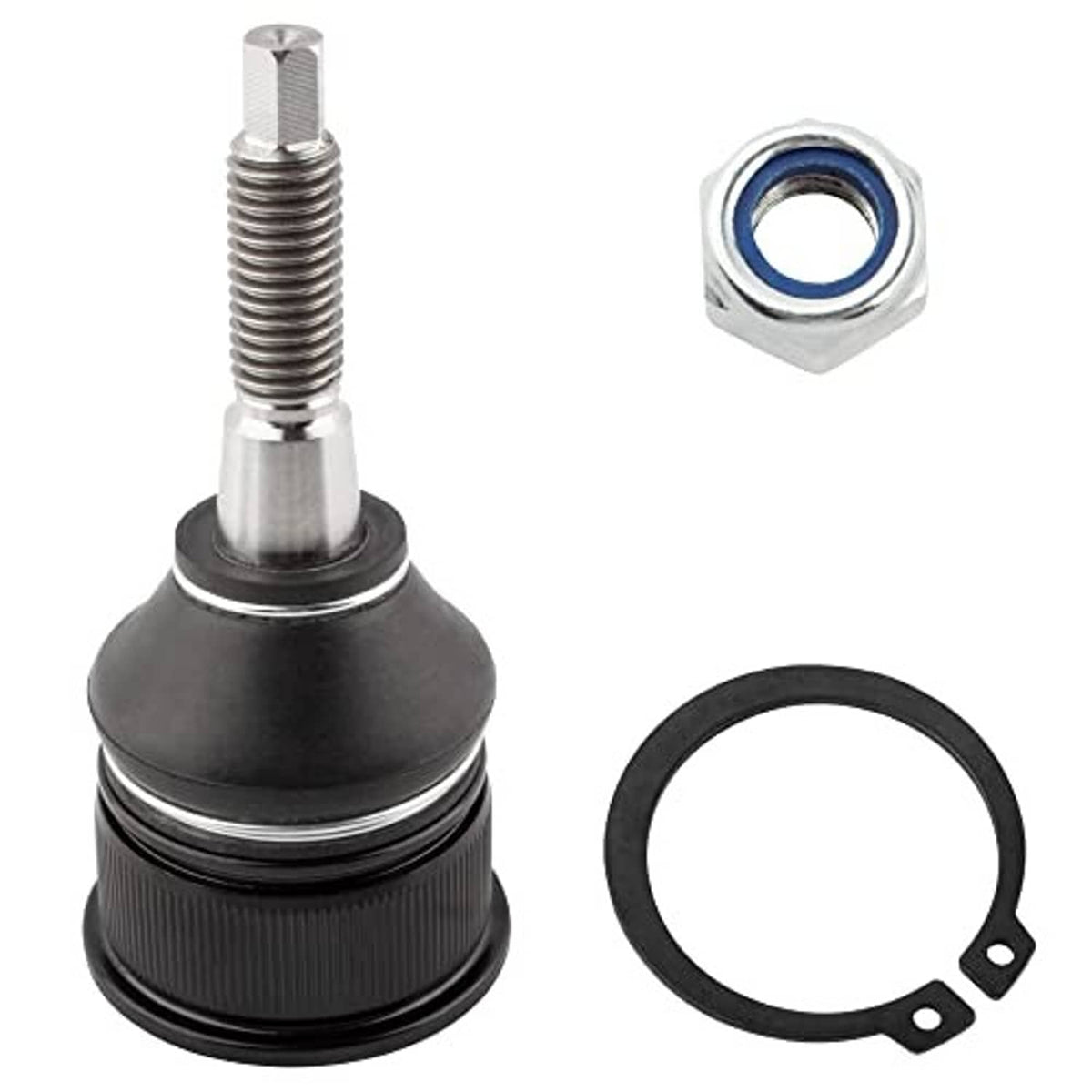 Front upper ball joint with black rubber boot, chrome stud, blue-accent nut and retaining ring