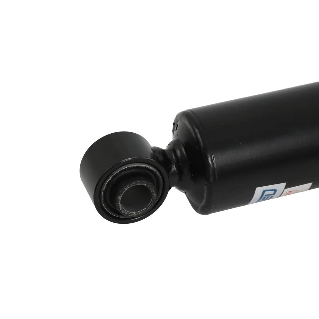 Black coilover strut lower mount with rubber bushing and circular eyelet