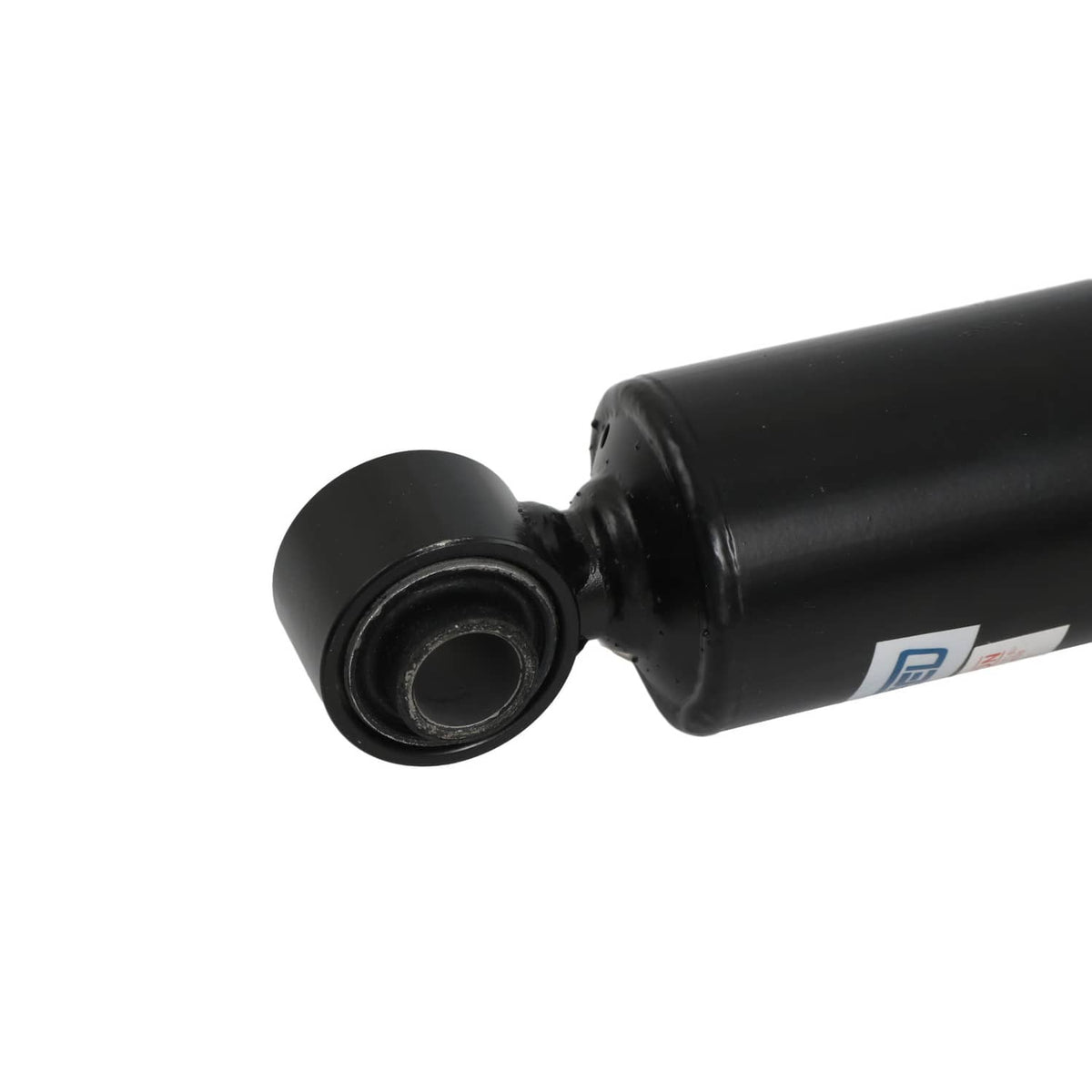 Black coilover strut lower mount with rubber bushing and circular eyelet