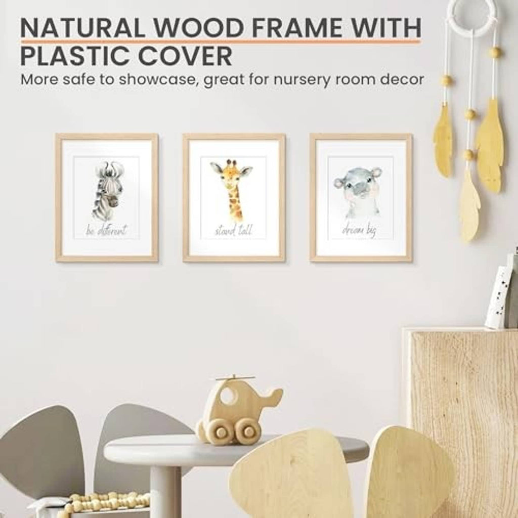 Wall display set of small natural wood picture frames with plastic covers