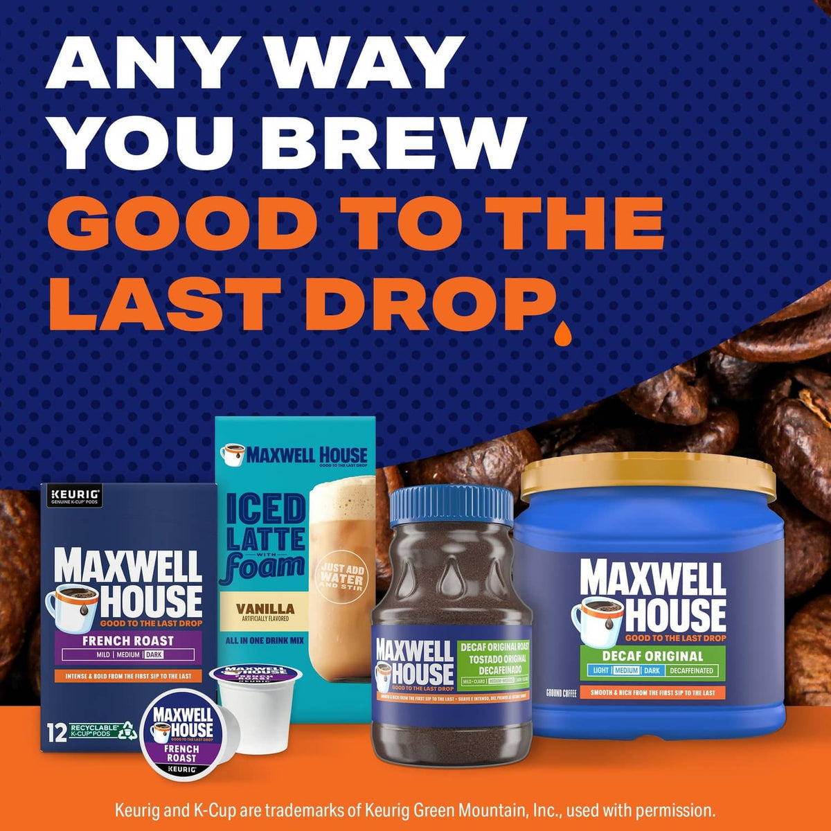 Maxwell House decaf ground coffee jar with a blue lid beside a small coffee cup.