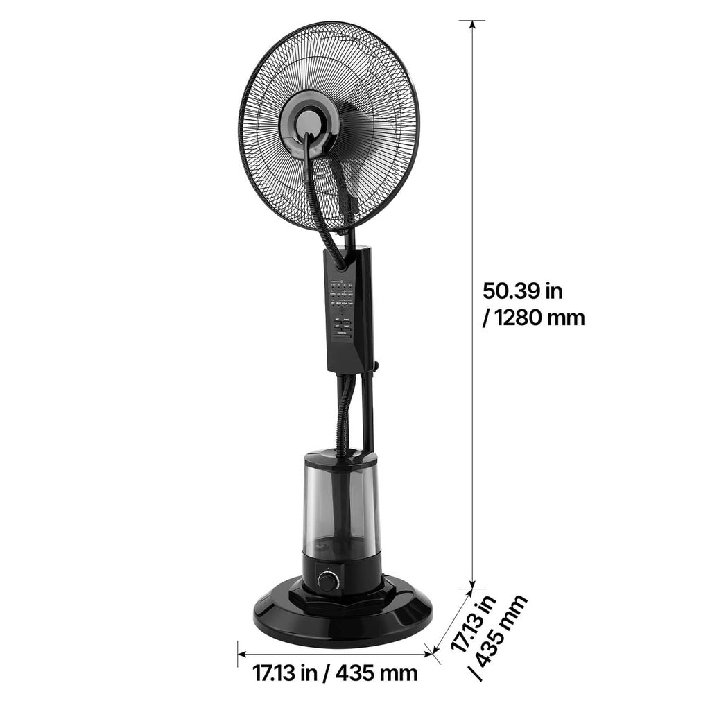Tall black standing misting fan with circular grille and transparent water tank