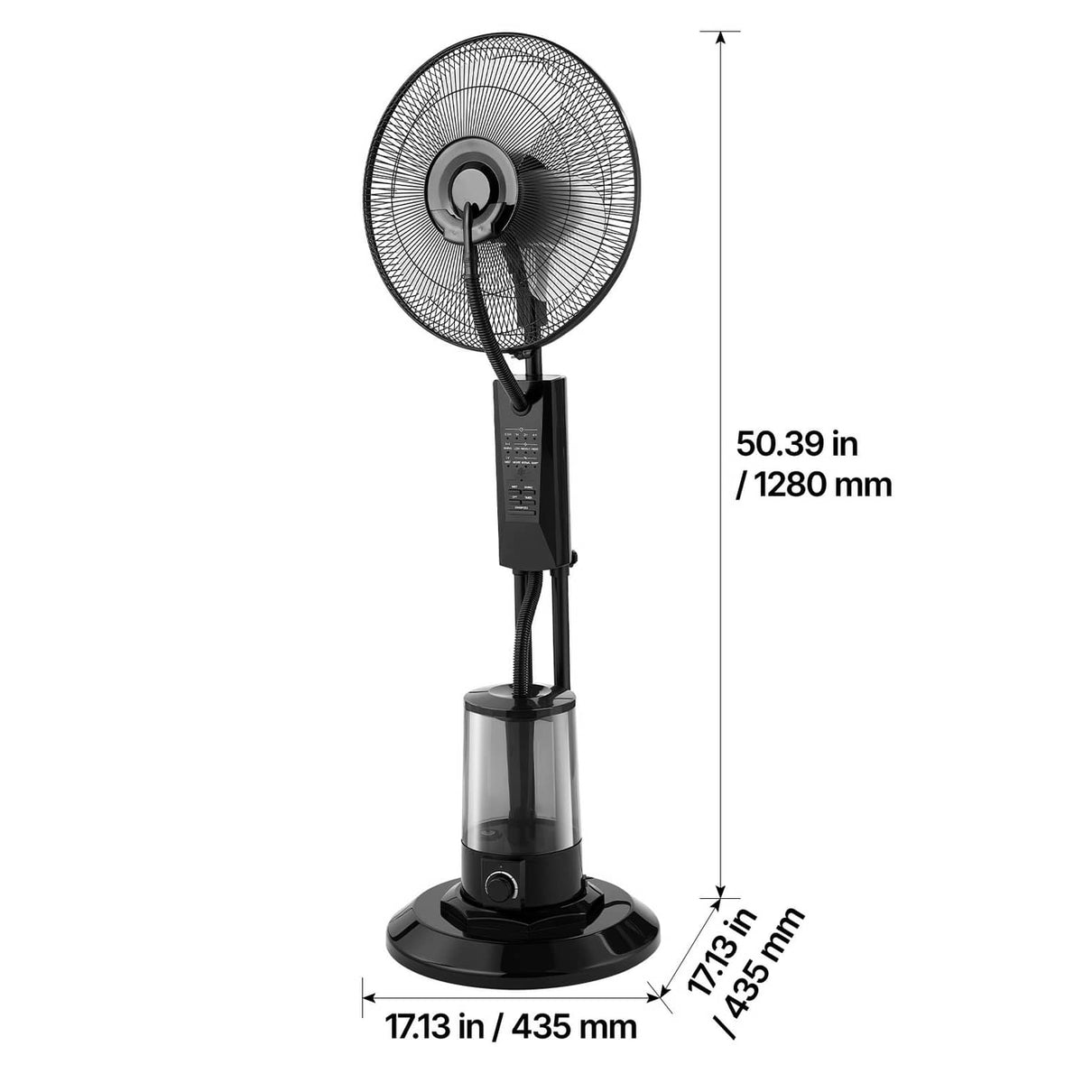 Tall black standing misting fan with circular grille and transparent water tank