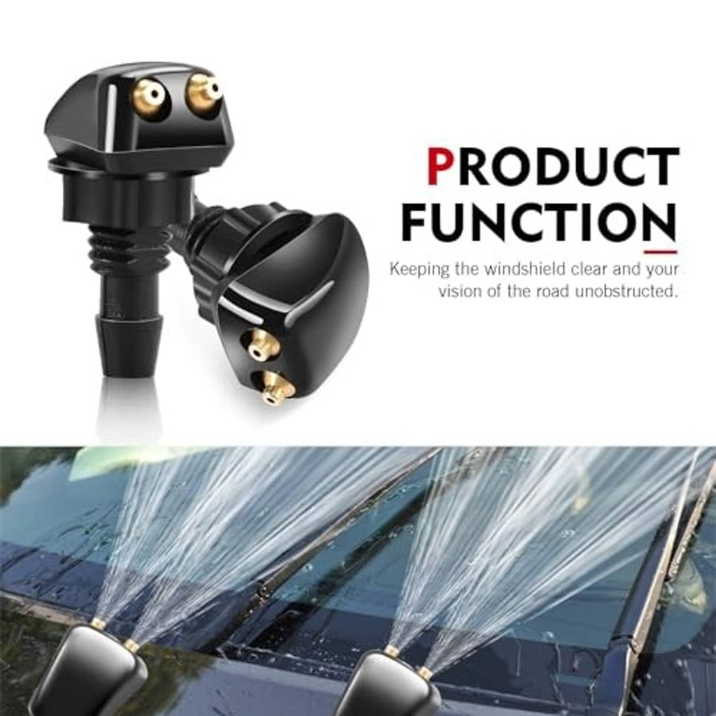Two black windshield washer nozzles with brass outlet tips and angled nozzle heads.