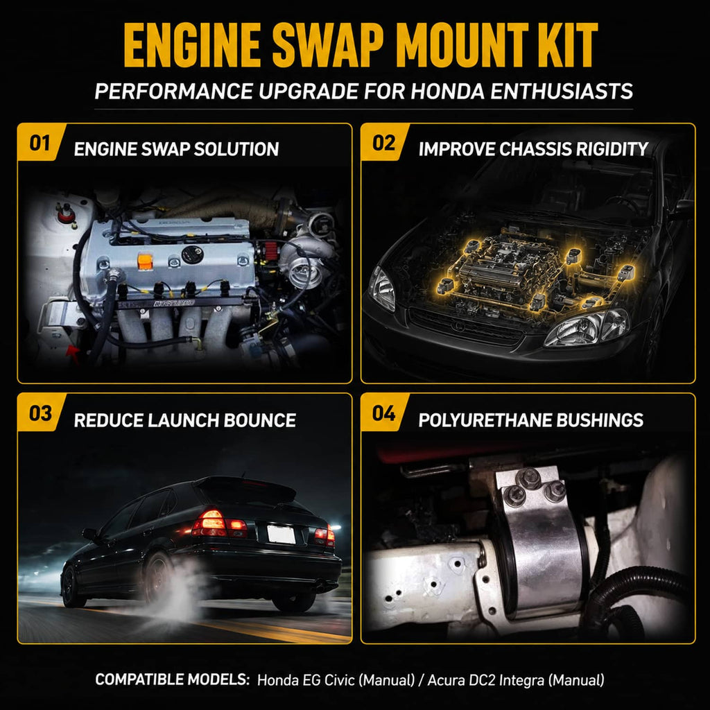 Engine swap mount kit shown with mounting brackets and under-hood components