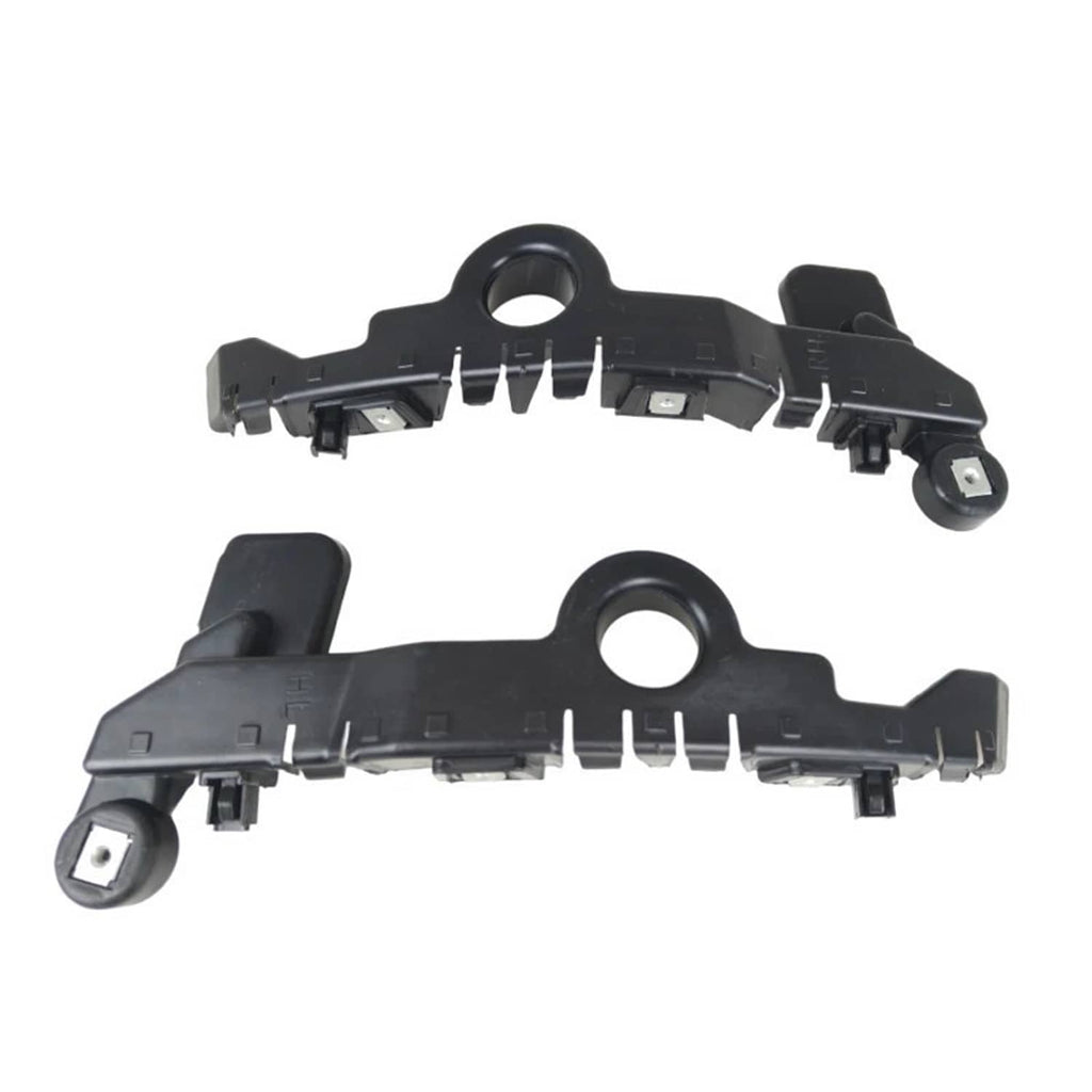 Front bumper guide bracket pair, black plastic with corner mounts and circular center opening