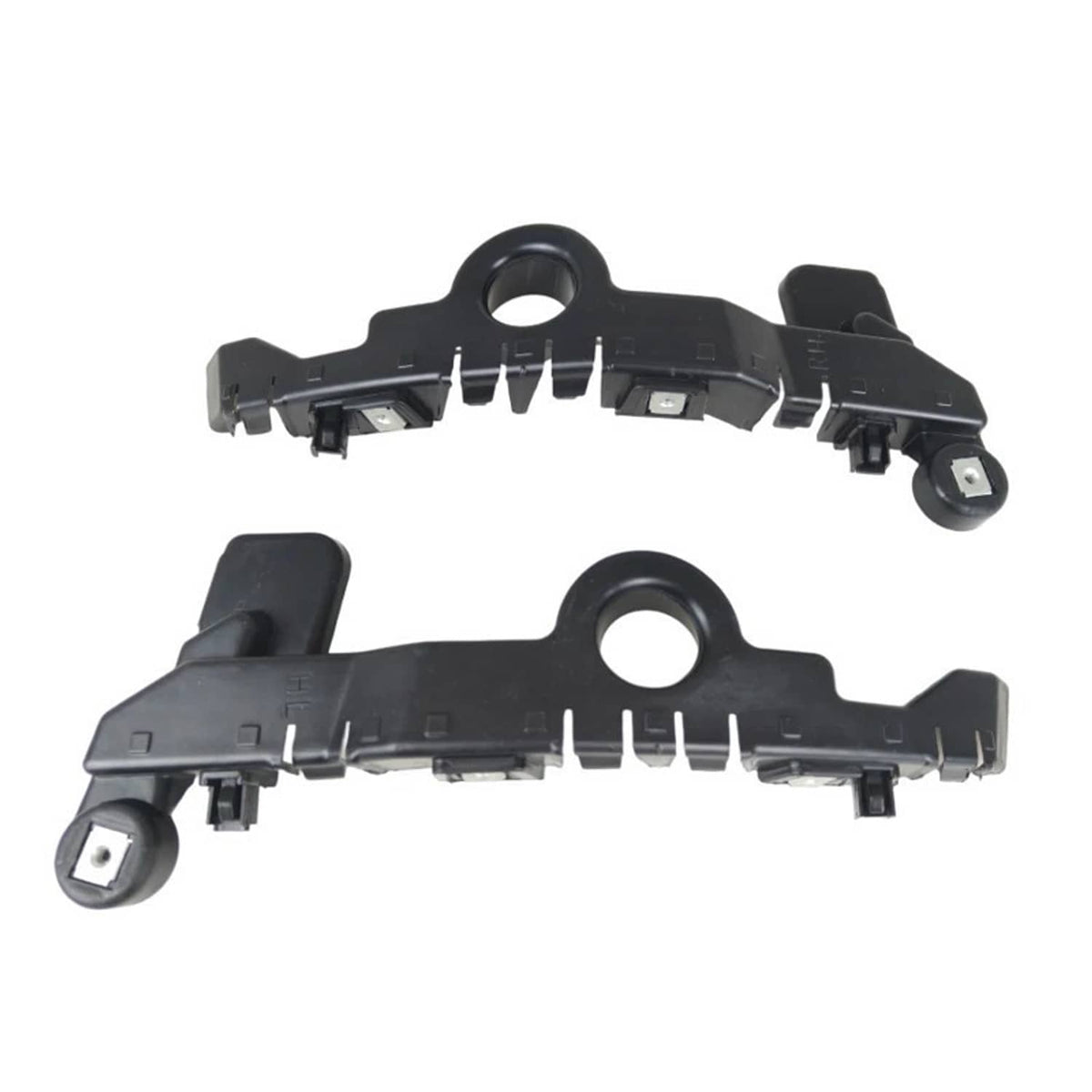 Front bumper guide bracket pair, black plastic with corner mounts and circular center opening