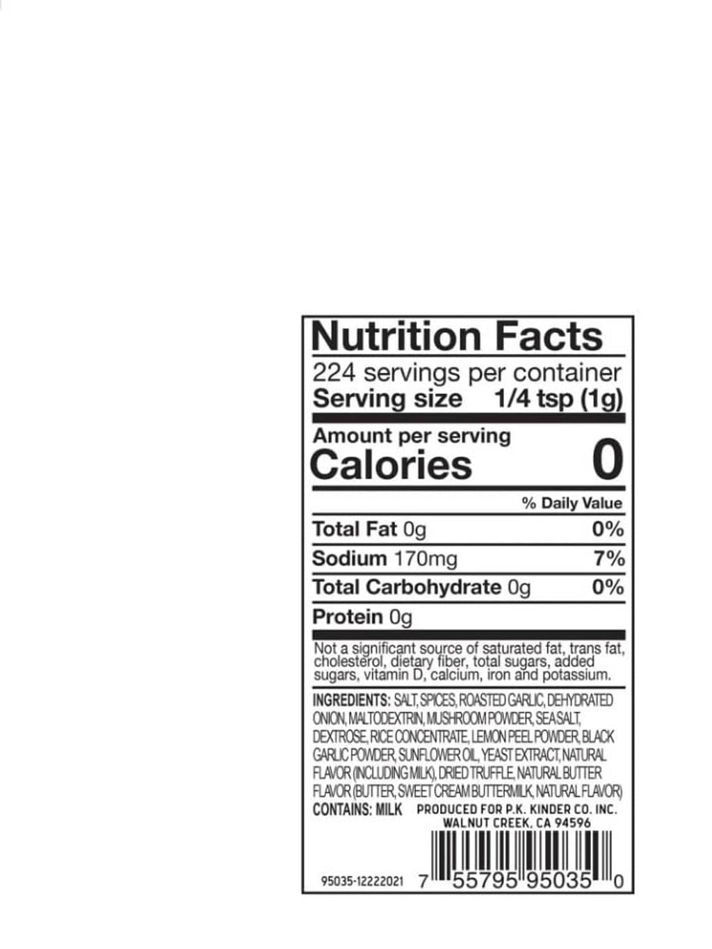 Kinder's Prime Steak seasoning nutrition facts label with serving size 1/4 tsp