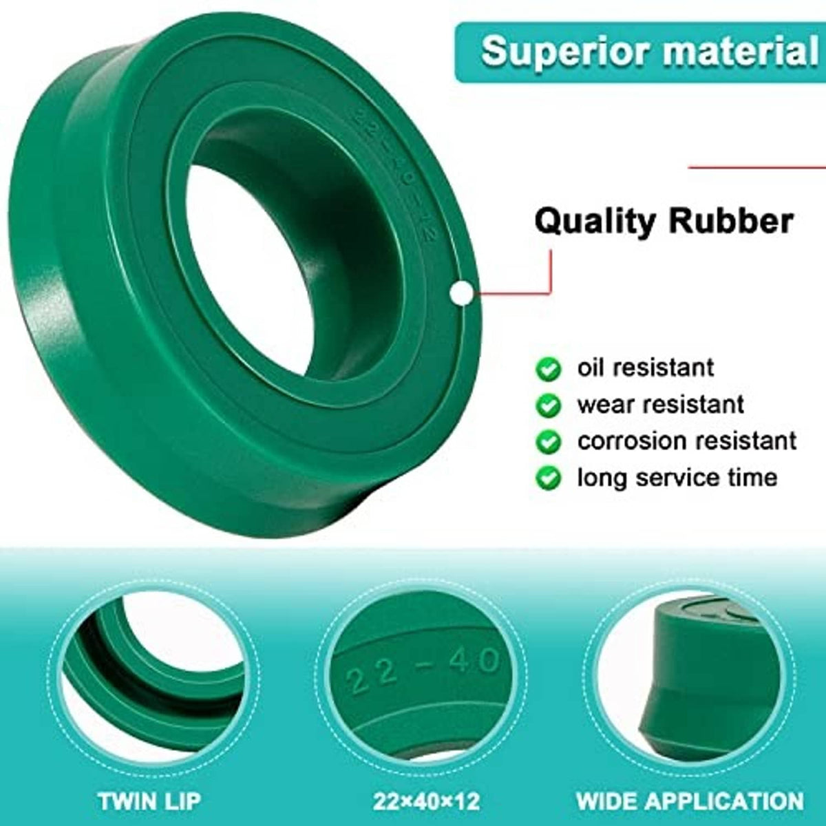 Green U-cup seal side profile with inner lip for hydraulic jack piston