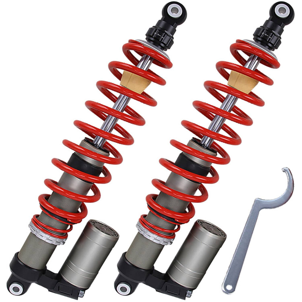Adjustable front shock pair with red springs, gray dampers, and silver wrench for preload