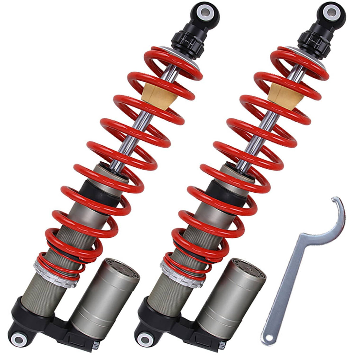 Adjustable front shock pair with red springs, gray dampers, and silver wrench for preload