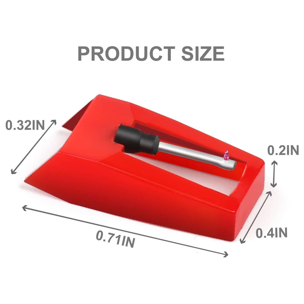 Red record player needle set in tray, showing mounted stylus and metal arm
