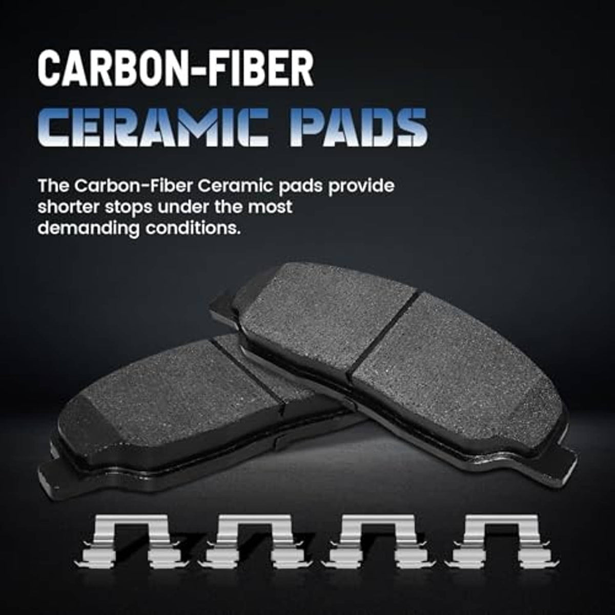 Close-up ceramic brake pads with carbon-fiber material texture and metal base