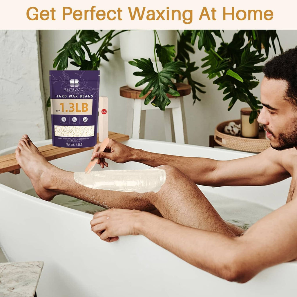 BLITZWAX hard wax beans cream pouch near home waxing setup in bathtub