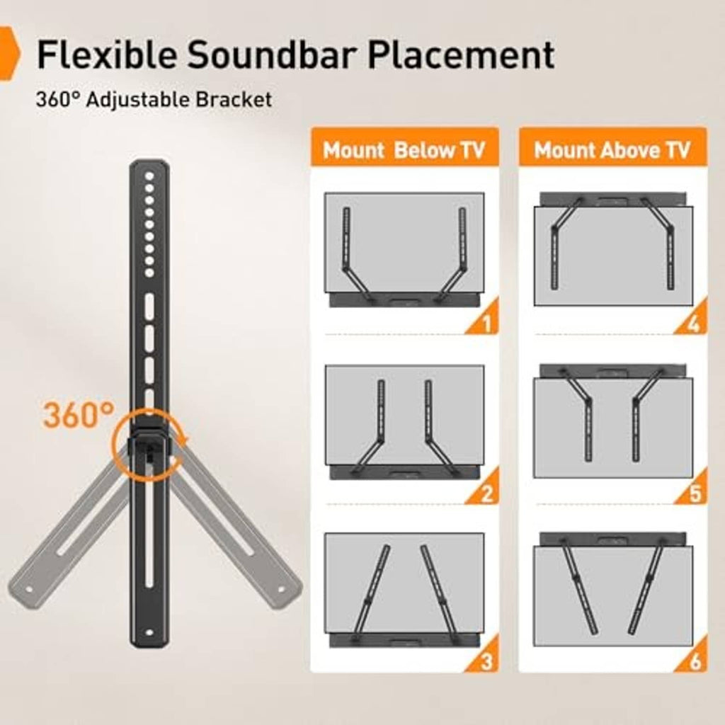 Black 360-degree adjustable soundbar mount bracket with V support arms
