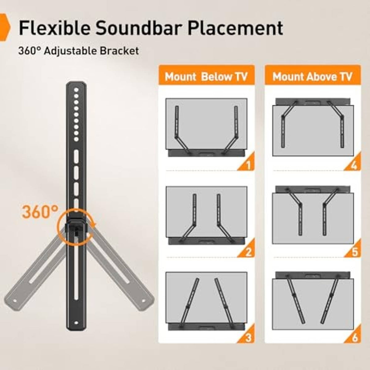 Black 360-degree adjustable soundbar mount bracket with V support arms