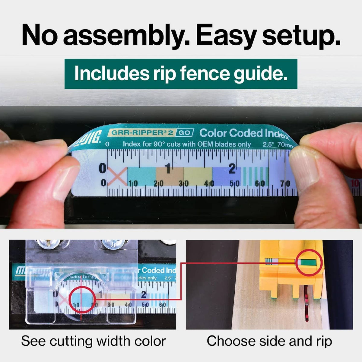 Hands holding yellow push block against fence with ruler scale visible