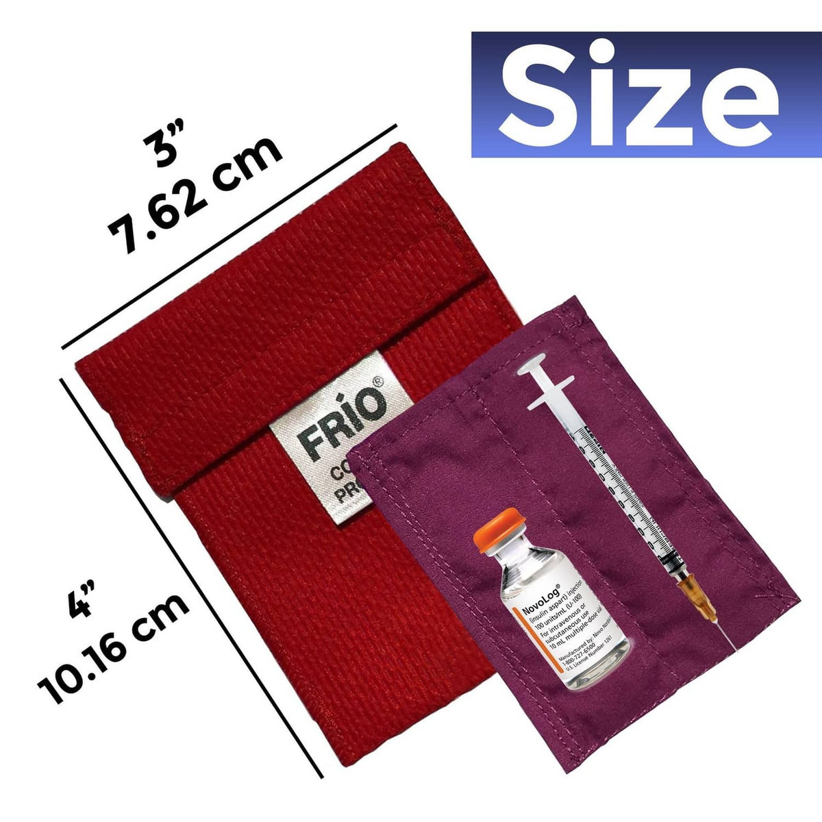 FRIO cooling wallet size view: red and purple cases with height and width